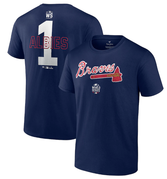 Men's Atlanta Braves #1 Ozzie Albies 2021 Navy World Series Bound Closer Name & Number T-Shirt Men's Atlanta Braves #1 Ozzie Albies 2021 Navy World Series Bound Closer Name & Number T-Shirt
